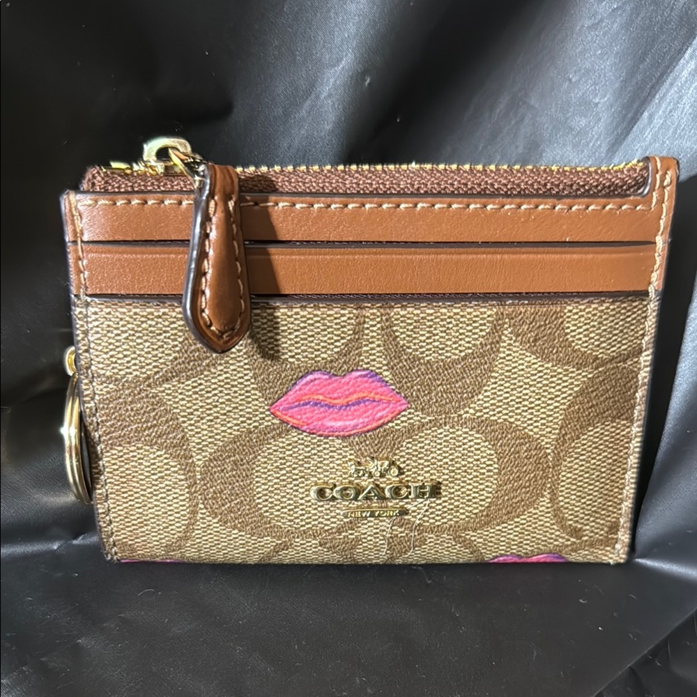 Coach Signature Canvas Card Case with Pink Lip Motif